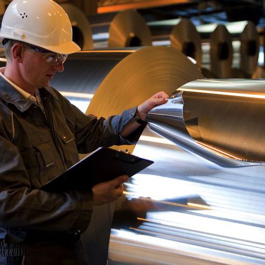 Worker inspects aluminium foil quality